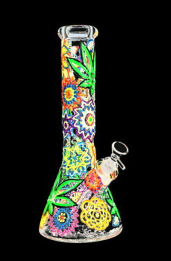 Mandala Hemp Leaf Glow In The Dark Beaker Water Pipe